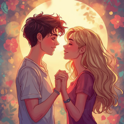 Illustration réalisée par IA d'un jeune couple se regardant dans le yeux devant une lune géante