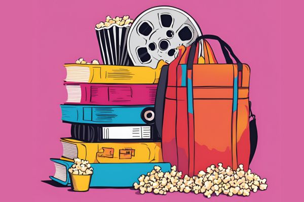 Tas de livres avec pop-corn, bobine de cinéma et un sac