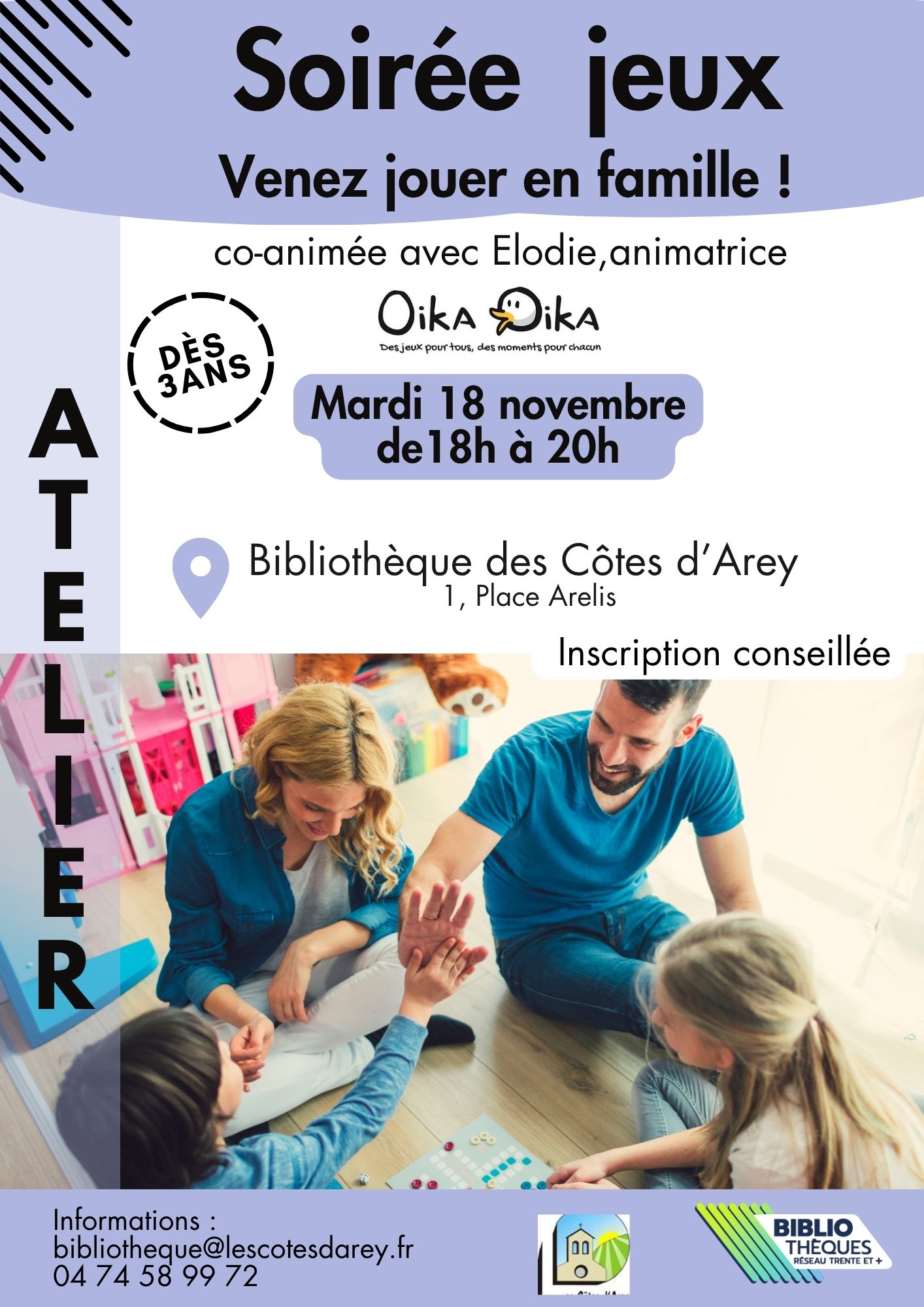Affiche de la soirée les cotes d'arey bibliothèque jeux