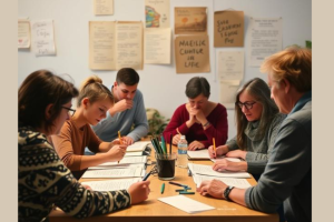 groupe de personnes faisant un atelier d'écriture