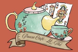 Dessin d'une théière et d'une tasse verte avec des cartes à jouer