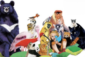 Extrait de l'affiche Partir en Livre 2025 avec des animaux autour d'un enfant qui lit