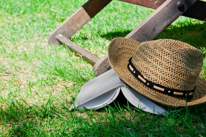 Photo d'un chapeau en paille posé sur un livre dans l'herbe, devant un tansat en bois