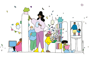 Dessin représentant les usagers d'une bibliothèque - Biblis en folie 2025