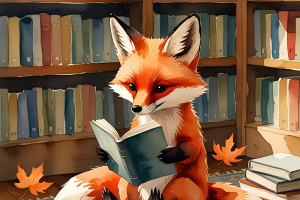 Dessin d'un renard lisant un livre dans une bibliothèque [Imagé générée par IA]