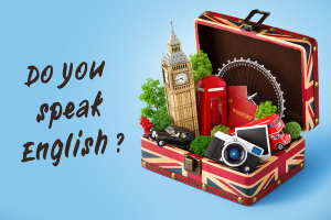 Une valise remplie de symboles de l'Angleterre et le texte Do you speak English ?