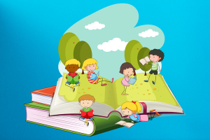 Dessin d'enfants installés sur un livre géant