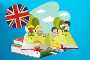 dessin d'enfants lisant sur une pile de livres géants