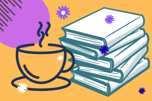 Dessin d'une pile de livres et d'une tasse de café fumante