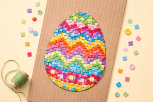 Image générée par IA d'un oeuf en carton décoré avec de la mosaïque