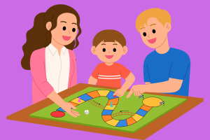 Dessin d'un enfant et de deux adultes jouant à un jeux de société