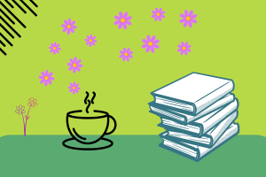 Dessin d'une pile de livres et d'une tasse de café fumante