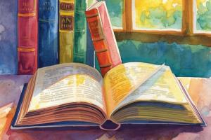 Dessin d'un livre ouvert devant d'autres livres debout et alignés, avec une fenêtre en arrière plan