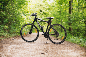 Photo d'un vélo sur un chemin de forêt