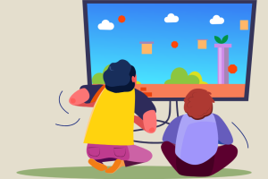 dessin de deux enfants qui jouent au jeux vidéo